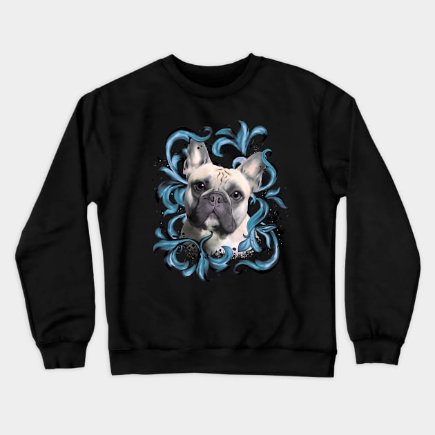 French bulldog, blue decorations leaves, frenchie lovers gift Crewneck Sweatshirt by Collagedream